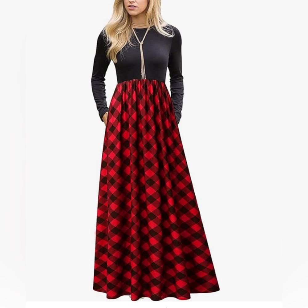 MEROKEETY Long Sleeve Plaid Empire Waist Full Length Maxi Dress with Pockets